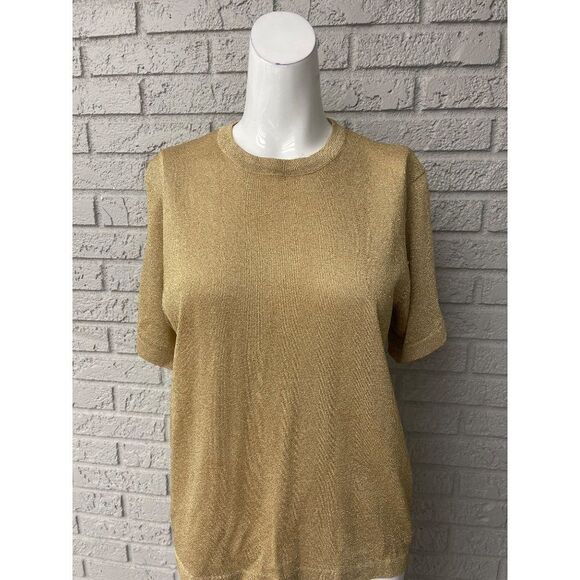Outlander Gold Metallic Knit Short Sleeve Knit Sweater Size L - Picture 1 of 8